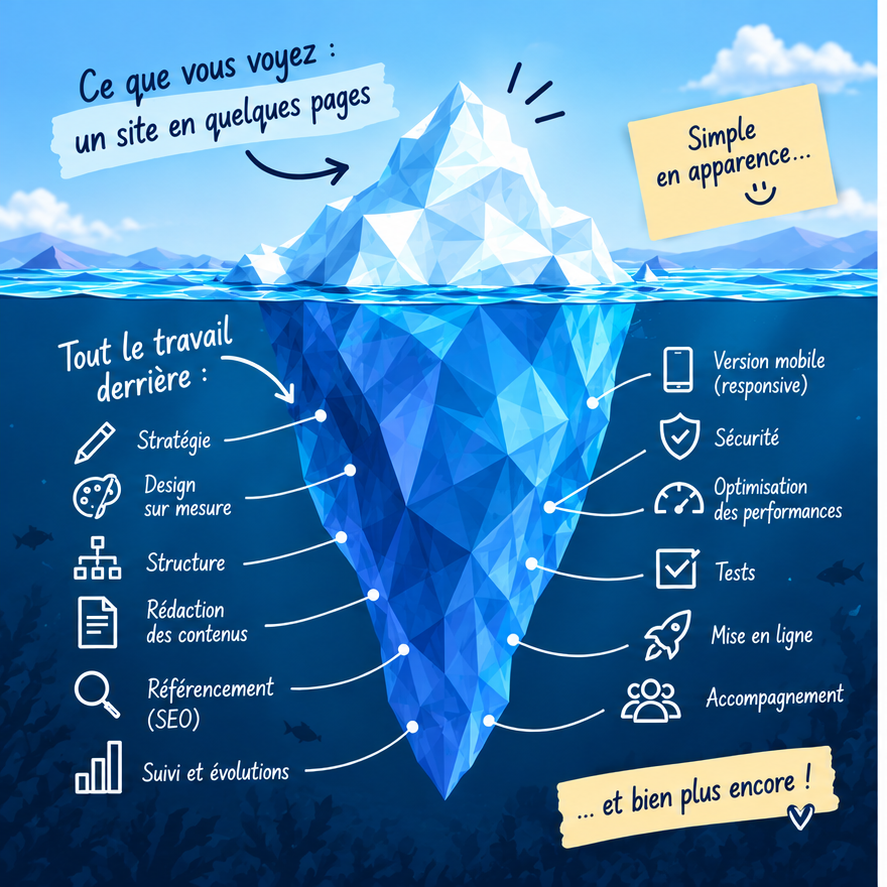 Iceberg illustrant les différentes étapes et le travail nécessaire à la création d’un site internet.